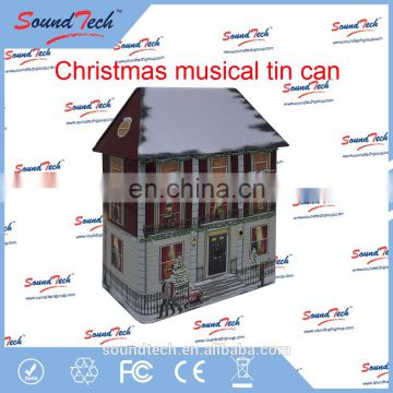 High quality square tin can with Christmas music and light up LED fiber optics