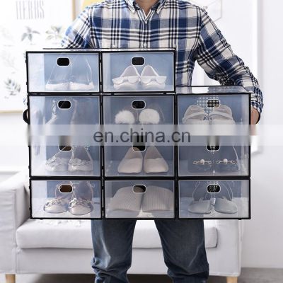 Hot selling high quality easy to assemble houseware stackable transparent pp thick plastic collapsible shoebox storage dustproof