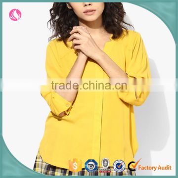 Woman Solid Yellow Chiffon Office Blouse Plus Sizes Breathable Shirts