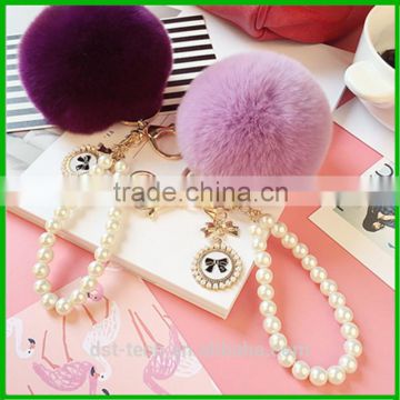 Custom pom pom rabbit fur ball keychain with pearl