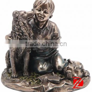 Bronze dog kissing boy statue outdoor meatl sculptures