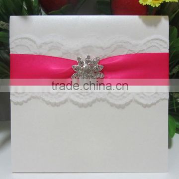 Top Quality Handmade Luxury Lace Wedding Invitation Design with Ribbon and Buckle