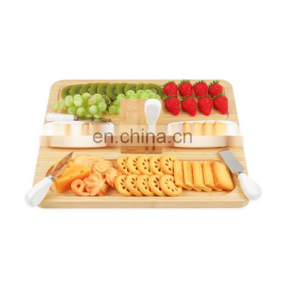 Organic Bamboo Charcuterie Cheese Platter Board And Knife Set With Magnet Stand