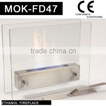 Stainless steel sit and glass wall free standing fireplace
