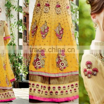 Mustard pink color on Cream pink embroidery heavy design all over long Anarkali Designer Semi Stitch Salwar Kameez