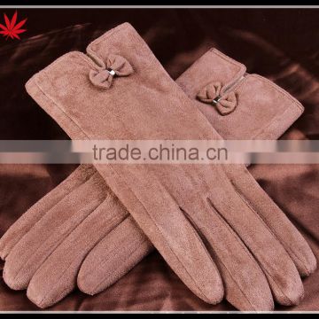 Simple and generous lady sheep suede leather gloves with bowknot