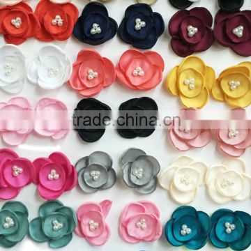 wholesale handmade shabby chiffon fabric hair flower with pearls center for scarf