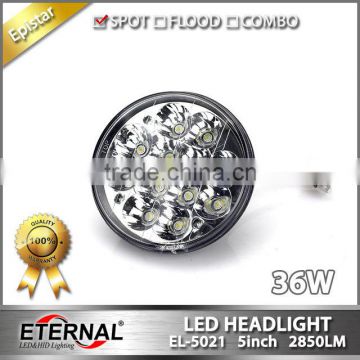 5" 36W LED Round HeadLight Replacement sealed beam with H4 plug high power spot driving beam for Jeep, trucks, atv, off road