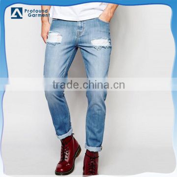 hot sale oem service blue distressed jeans thin mens denim jeans fashion