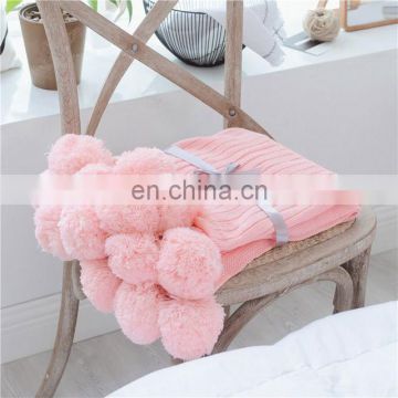 2018 Hot selling Cotton Knitted Throw Pom Pom Blanket For Sofa Bedding Couch
