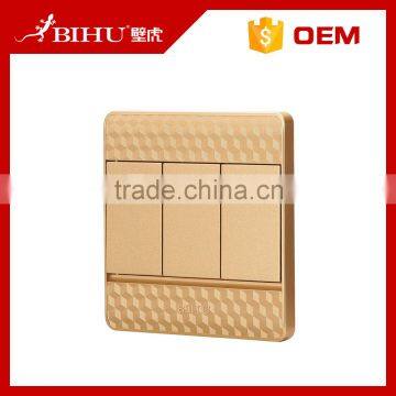 China famous brand BIHU golden color PC material electrical 3 gang 1 way switch
