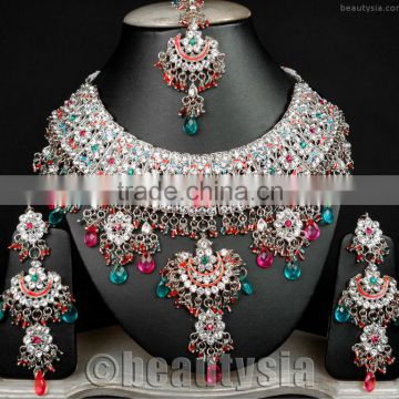 Trendy Indian Kundan Fabulous Silver Tone Jodha Akbar Jewelry Necklace Set E56