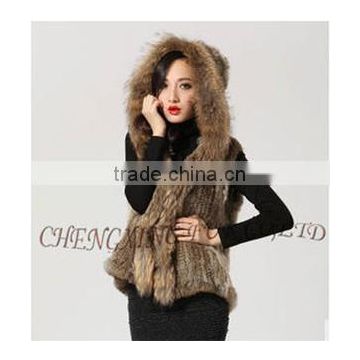 CX-G-B-216 New Style Short Raccoon Fur Trim Knitted Rabbit Fur Coat Hood