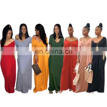 2020 Drop Shipping New Arrival V Neck Sexy Women Solid Candy Color Casual Loose Long Maxi Dress