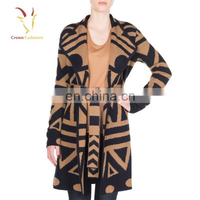 Intarsia Pattern Winter Cardigan Coat for Women with Belt