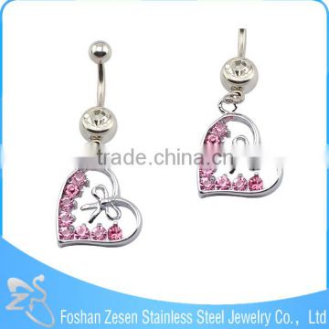 China manufacturer surgical steel hanging pink crystal heart bow belly ring