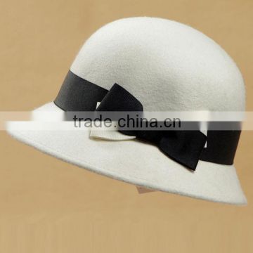 2014 pure white handmade wool felt hats with black decoration
