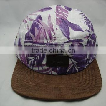 2015 high quality hot sell hip hop camp hat in sublimated print wholesale leather patch logo 5 panel cap