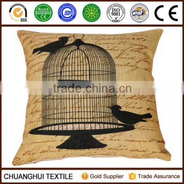new arrival linen cotton cushion printed with bird and birdcage for outdoor