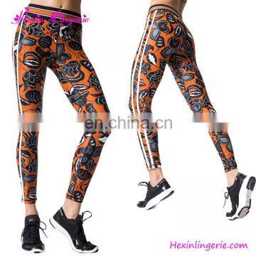 Women Leggings High Waist Orange Flower Pattern Yoga Sport Pants