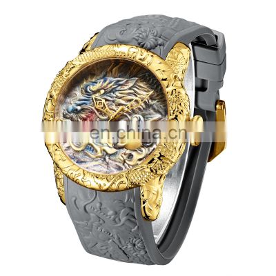 Biden 0129-2 3D Engraved Dragon Dial Men Wrist Watch Fashion Leather Analog Quartz  Watches for Men