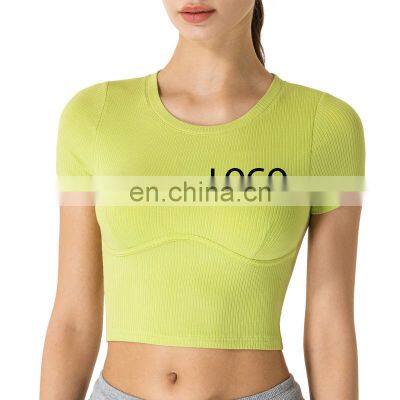 Wholesale Solid Color Women's Spring And Summer Short-sleeved T-Shirt Short Slim Sports Running Yoga Top Ladies Gym Top