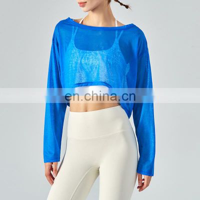 Newest QuicK Dry Mesh Long Sleeve Yoga Crop Top Loose Breathable Women Gym Fitness Wear Blouse Outdoor Sports Running Shirt