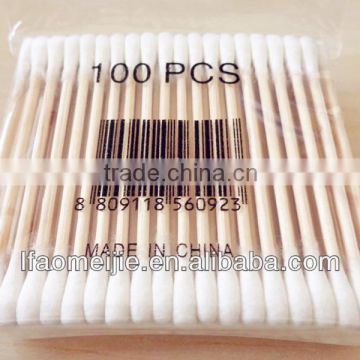 Factory sale 100tips wood double pointed cotton buds in poly bag