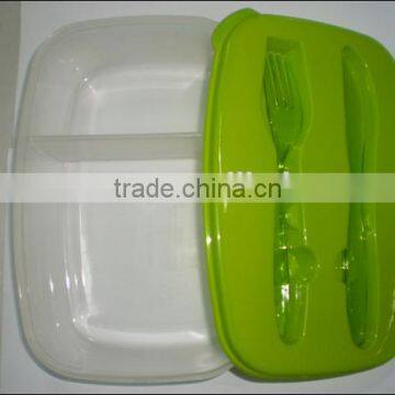 Plastic rectangle lunch box with PS fork and knife