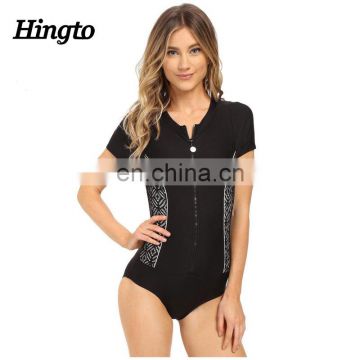Wholesale professional conservative swimwear young women athletic zip up swimsuit short sleeve