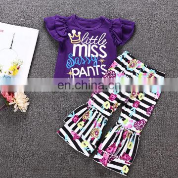Fashion Wholesale Baby Clothing Set Purple Flower Stripe Ruffle Kids Boutique Outfits