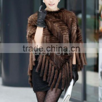 QD21941 Hot Sale Real "V" Knitted Mink Fur Hoodied Shawl with Tassels