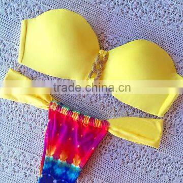 Push-up padded bikini Yellow runched halter bikini hot sexy swim wear cheeky string Bow bikini swimwear