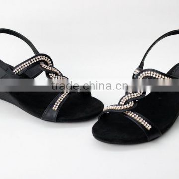 latest fashion weave rhinestone low wedge sandals for women