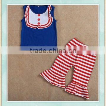 Baby girl silicone clothing set bule sleeveless top big ruffle pan turkey wholesale children outfit clothes