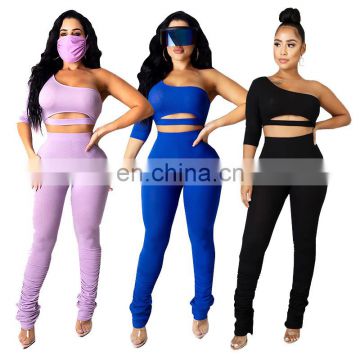 Hot selling ruched stacked pants legging fashion top and face cover 3 piece set for women
