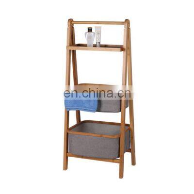 hot sale 3 tier linen wooden bamboo kids baby compartment collapsible laundry basket storage rack clothes hemper bags