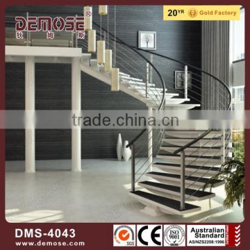 indoor spiral staircase/wooden stair with steel pipe stair handrail