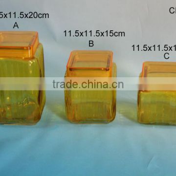 beatiful yellow clear square empty glass jars with plastic lid