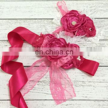 Hot Pink Sash Matching Headband Sets With Rhinestones Bows & Feather Luxe Ribbon Belt Baby Gift