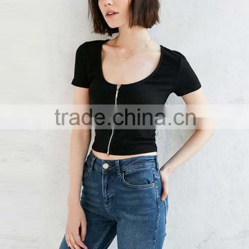 Custom top zipper slim fit short sleeve plain crop top for women