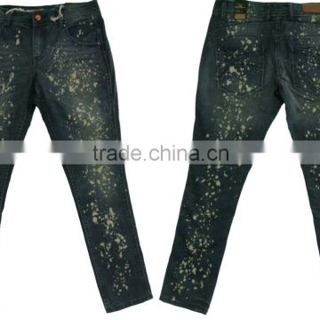 High quality men 's middle rise vintage wash spots jeans man's diety wash slim fit jeans factory