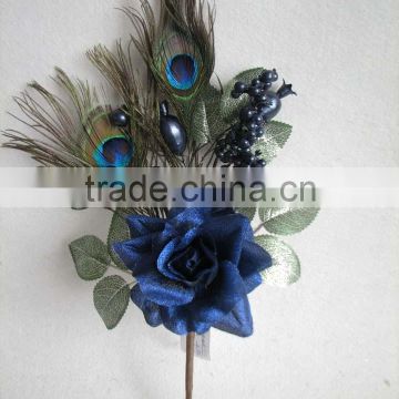 Christmas indoor decorations artificial velvet glitter rose flowers christmas pick with peacock feather