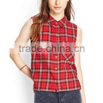 hot selling latest ladies shirt design boxy plaid shirt women sleeveless wholesale plaid shirts