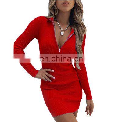 Christmas Europe America Autumn and Winter New Products Fashion Lapel Solid Color Zipper High Waist Deep V Long Sleeve Dress