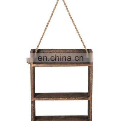 Factory Bathroom Hanging Ladder Shelf Rustic Wood Wall Hanging Floating Shelves with Rope