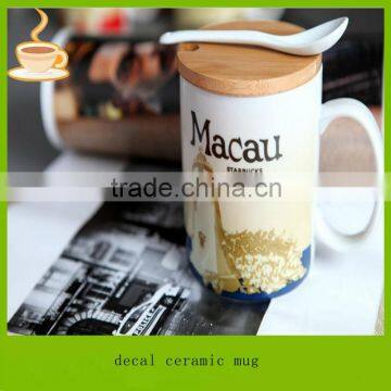 LJ-4242 beautiful decal ceramic mug wth spoon and lid