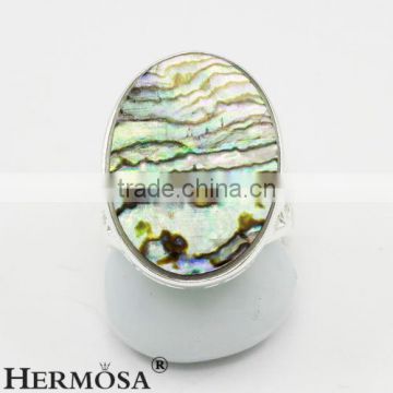 Precious Rainbow Real Abalone Shell 925 Sterling Silver Oval Big Stone Ring