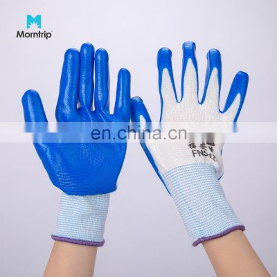 Custom Logo Blue White Coated Oil Wet Grip Work Gloves Rubber Nitrile Palm Dipped Safety Glove for Mechanic Construction