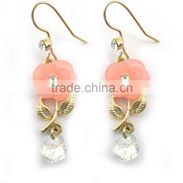 Trendy metal gold leaf with pink flower charm earrings ,decorated with colorful enamel and crystal,Customized Colors or LOGO and